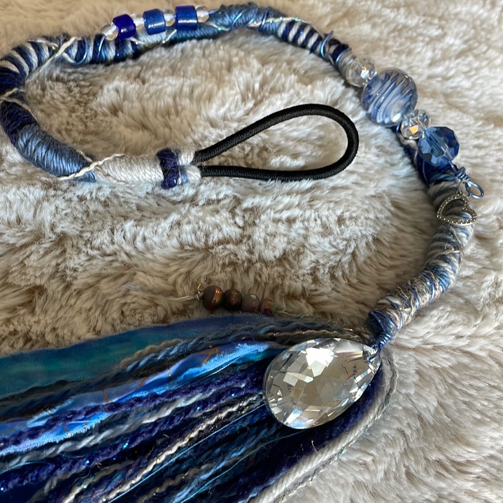Lella Wear Gypsy Hair Dread Wrap Blue Crystal Rhinestone Heart Beads Silver Grey